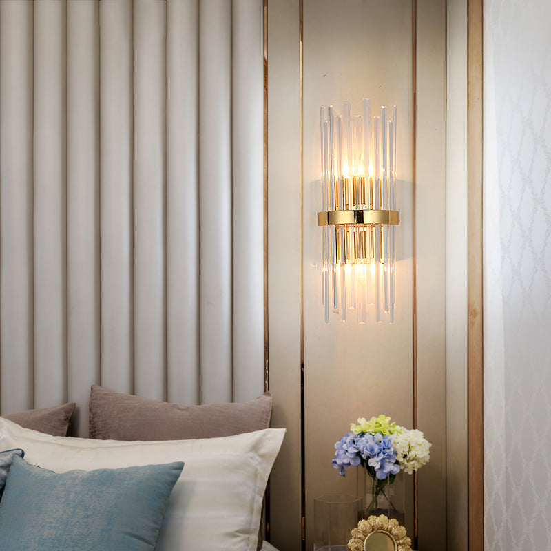 Modern Tri-Sided Crystal Rod Wall Light Fixture - Gold Sconce With Cylinder Design Dual Head