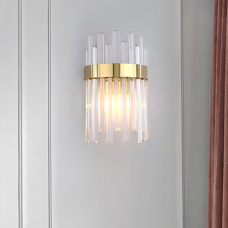 Postmodern Black/Gold Sconce Light Fixture With Crystal Rod Shade - 2 Heads Bedroom Wall
