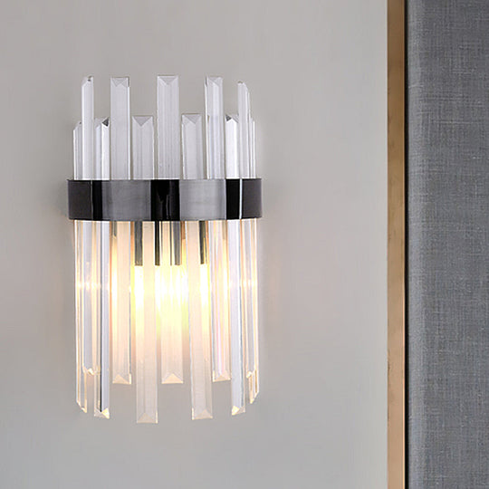 Postmodern Black/Gold Sconce Light Fixture With Crystal Rod Shade - 2 Heads Bedroom Wall Black
