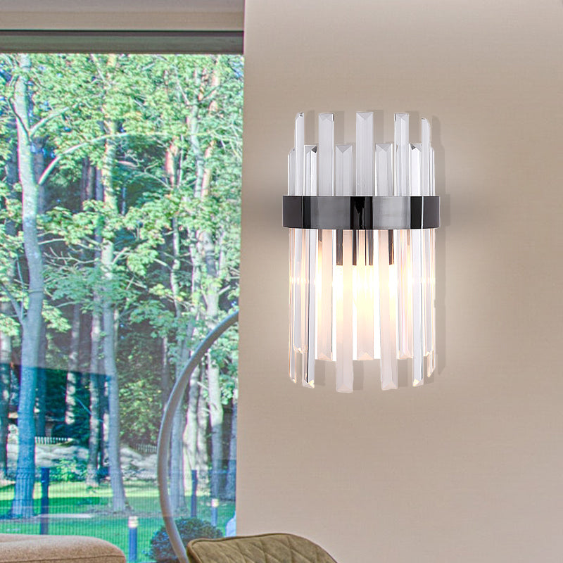 Postmodern Black/Gold Sconce Light Fixture With Crystal Rod Shade - 2 Heads Bedroom Wall