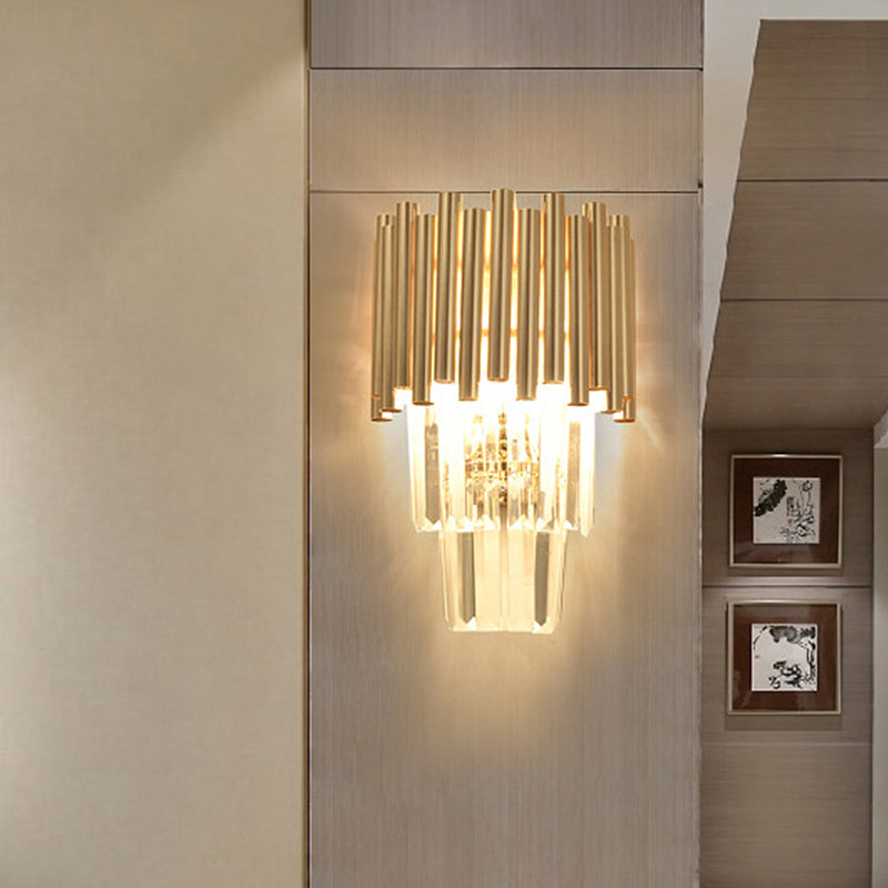 Modern Crystal Block Gold Sconce Light With 4 Tiered Wall-Mounted Heads For Bedroom