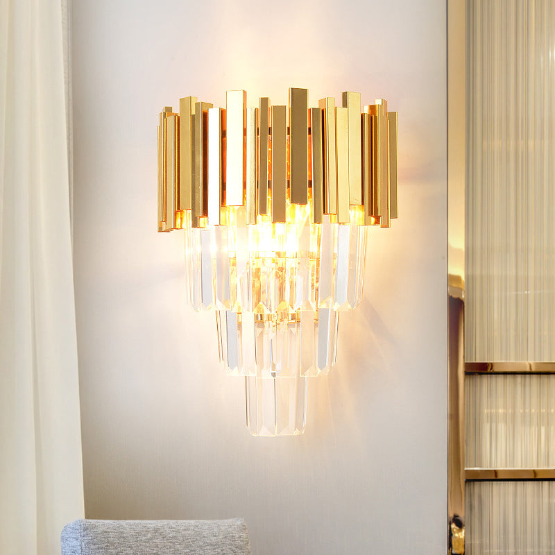 Modern Gold Sconce Light - 4 Layer Wall Fixture With Tri-Sided Crystal Rods And 2 Heads