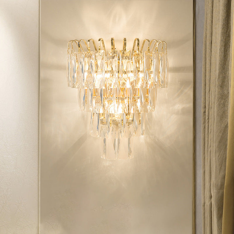 Gold Crystal Wall Sconce With 3 Modern Heads And 4 Tiers For Living Room