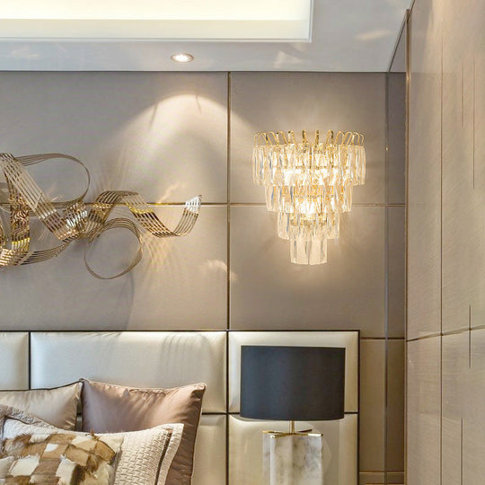 Gold Crystal Wall Sconce With 3 Modern Heads And 4 Tiers For Living Room