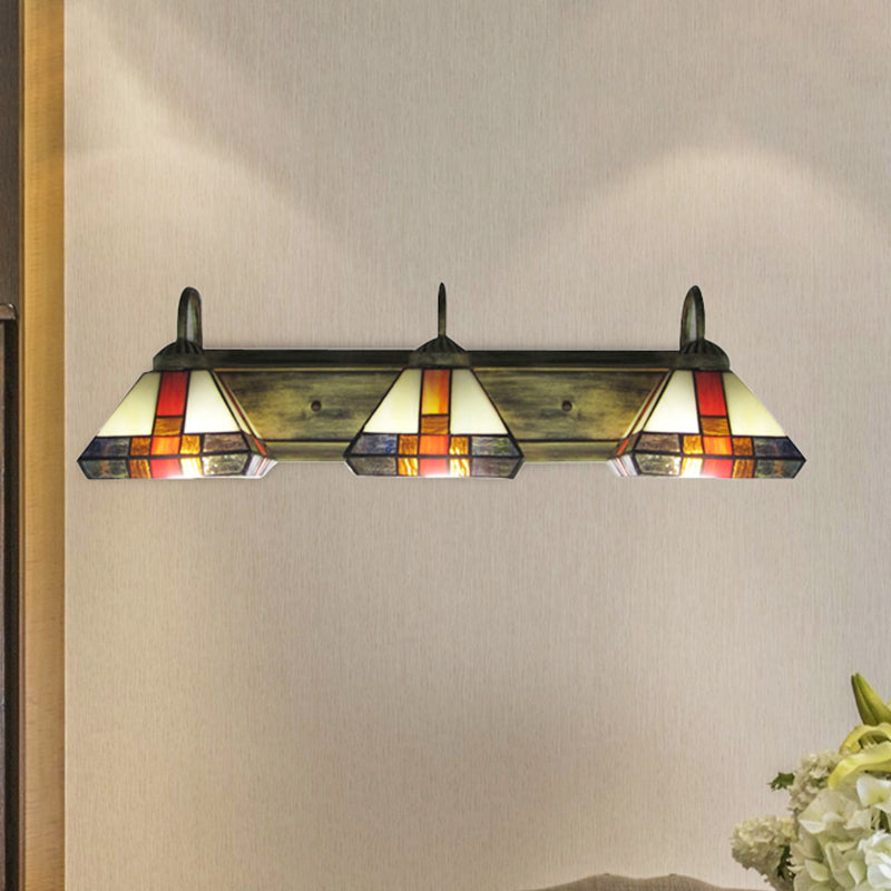 Stained Glass Mission Wall Sconce Light: Triple Light Cone Vanity Lamp In Aged Brass Orange
