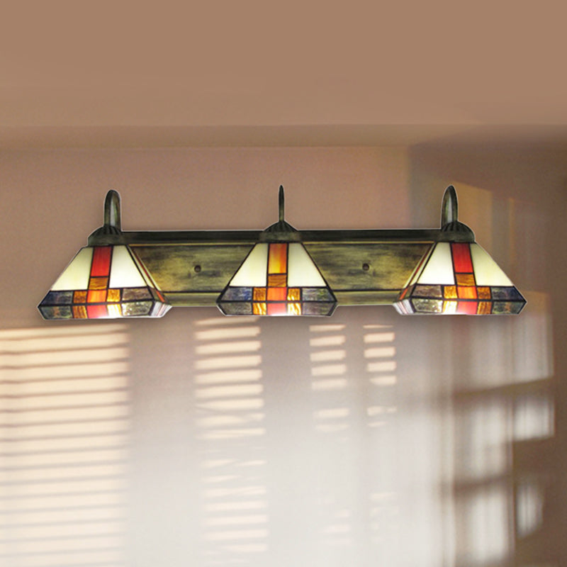 Stained Glass Mission Wall Sconce Light: Triple Light Cone Vanity Lamp In Aged Brass
