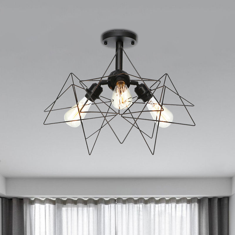 Semi Flush Industrial Black Ceiling Lighting For Living Room - 3 Heads With Wire Cage Metal Shade /