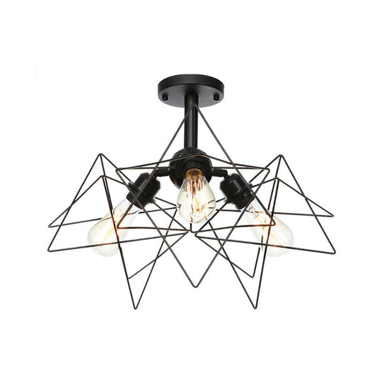 Semi Flush Industrial Black Ceiling Lighting For Living Room - 3 Heads With Wire Cage Metal Shade