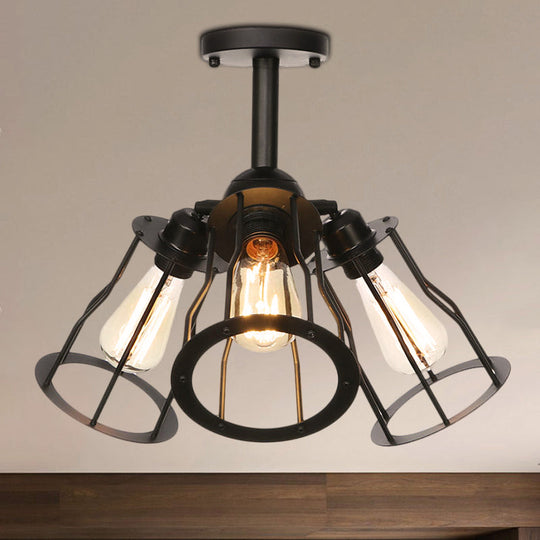 Semi Flush Industrial Black Ceiling Lighting For Living Room - 3 Heads With Wire Cage Metal Shade /