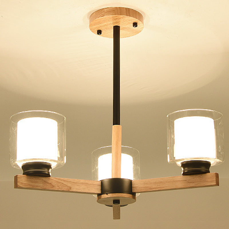 Modern White Glass Cylinder Chandelier - Stylish Suspension Light For Living Room Wooden Stand 3 /