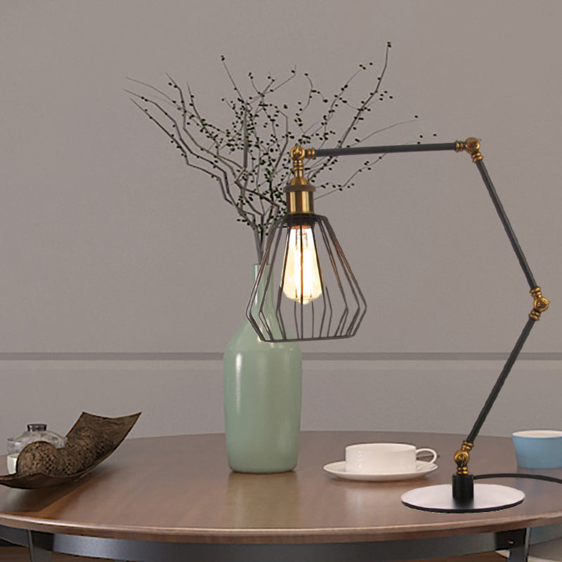 Stylish Diamond Cage Bedroom Table Lamp - Adjustable Metallic Farmhouse Lighting In Black/Brass