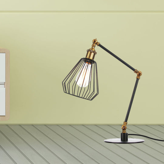 Stylish Diamond Cage Bedroom Table Lamp - Adjustable Metallic Farmhouse Lighting In Black/Brass