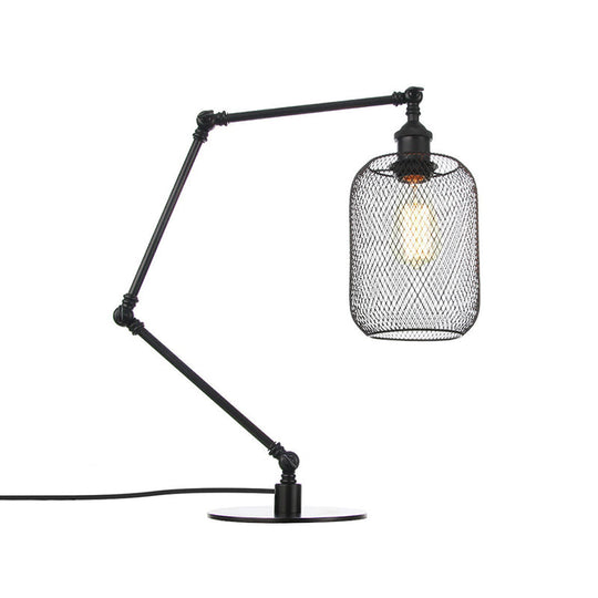 Industrial Style Metal Cylindrical Table Light With Adjustable Black/Brass Finish And Mesh Screen