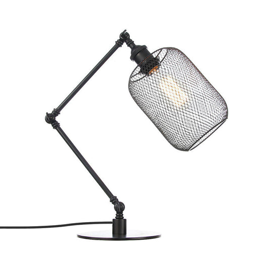 Industrial Style Metal Cylindrical Table Light With Adjustable Black/Brass Finish And Mesh Screen
