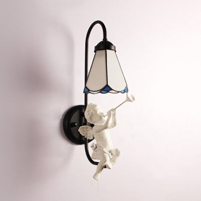 Modern White Glass Cone Sconce Light With Tiffany Design And Decorative Trumpet/Violin/Bird