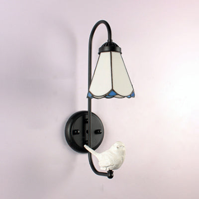 Modern White Glass Cone Sconce Light With Tiffany Design And Decorative Trumpet/Violin/Bird