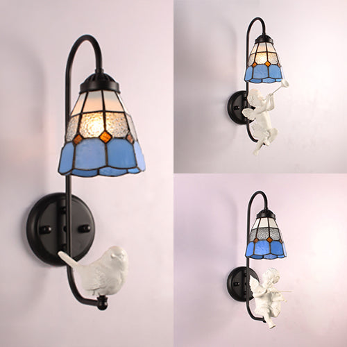 Mediterranean Blue Stained Glass Wall Sconce Light With Decorative Trumpet/Violin/Bird Design