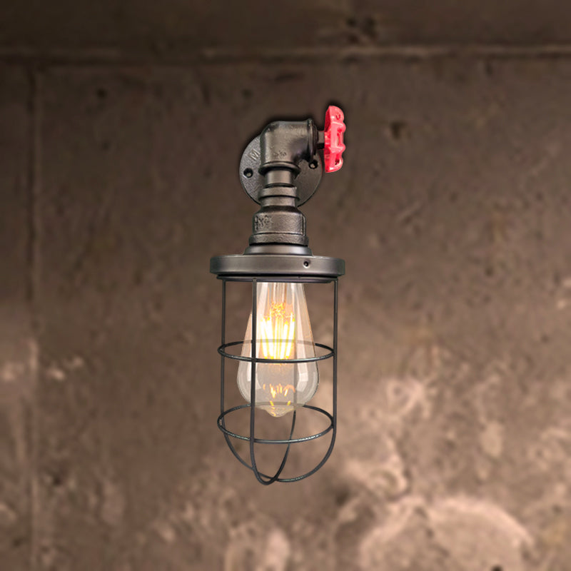 Farmhouse Wire Frame Corridor Wall Sconce With Red Valve Design In Antique Brass/Black Black