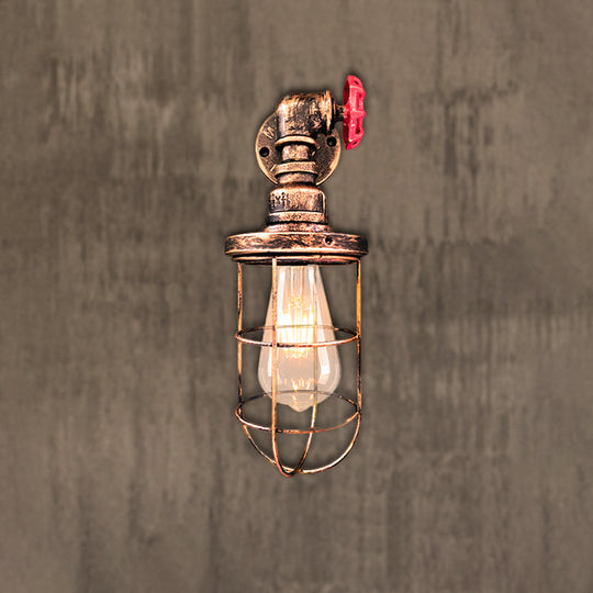 Farmhouse Wire Frame Corridor Wall Sconce With Red Valve Design In Antique Brass/Black Brass