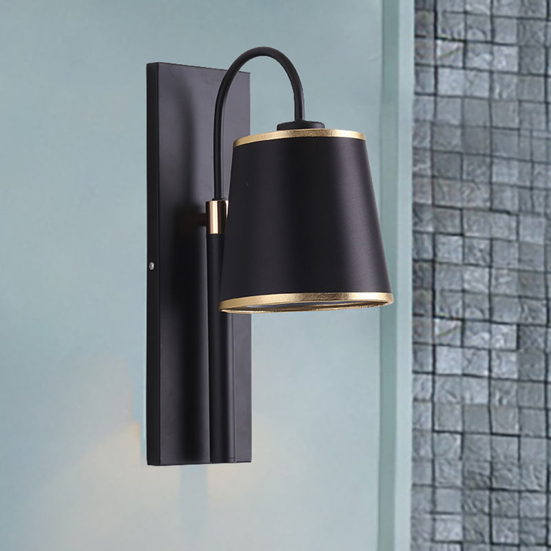 Stylish Vintage Black Fabric Wall Sconce With Gooseneck Arm - 1-Light Tapered Bedroom Lighting