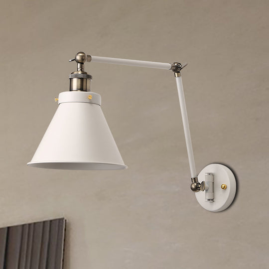 Industrial Cone Wall Sconce With Swing Arm For Bedroom - Black/White Metal Finish & 1 Bulb White
