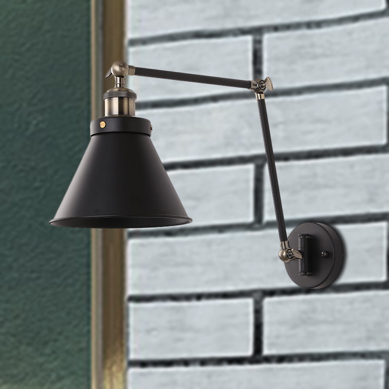 Industrial Cone Wall Sconce With Swing Arm For Bedroom - Black/White Metal Finish & 1 Bulb Black