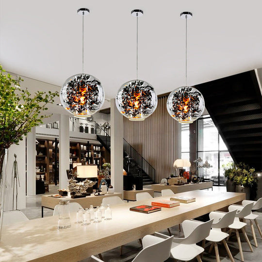 Modern Clear Glass Pendant Ceiling Light with Black Plant Design Inside