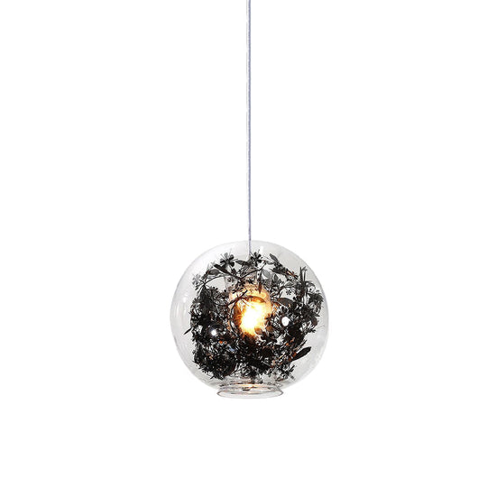 Modern Clear Glass Sphere Pendant Ceiling Light With Black Plant Design 1 Head Hanging Lamp