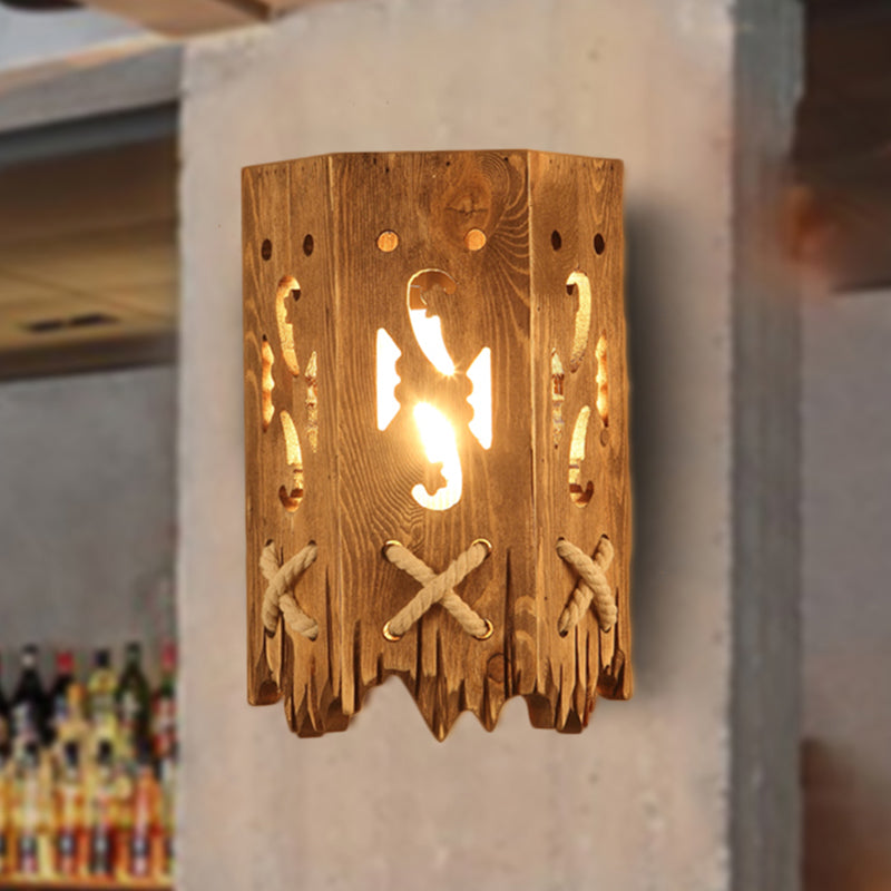 Rustic Wood Cylinder Shade Wall Lamp - 1 Head Brown Sconce For Restaurants