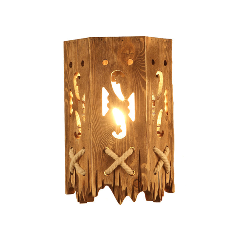 Rustic Wood Cylinder Shade Wall Lamp - 1 Head Brown Sconce For Restaurants