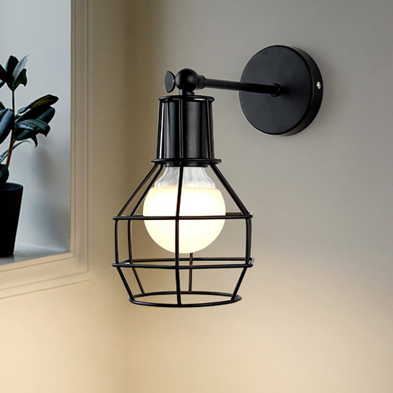 Industrial Style Rotatable Wall Sconce Lamp With Wire Guard - Globe Bedroom Light In Black