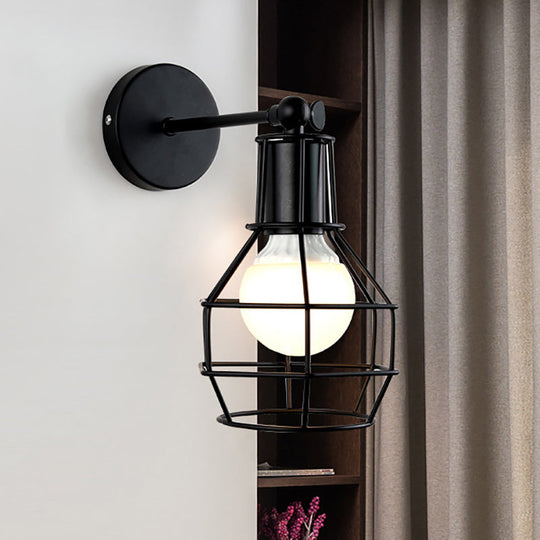 Industrial Style Rotatable Wall Sconce Lamp With Wire Guard - Globe Bedroom Light In Black
