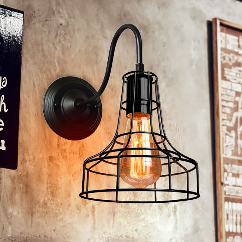 Industrial Style Metal Barn Wall Light Sconce - Black 1 Bulb Mounted Lamp With Wire Frame And