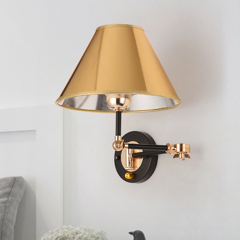 Industrial Metal Cone Wall Sconce With Swing Arm For Stylish Bedroom Lighting In Gold