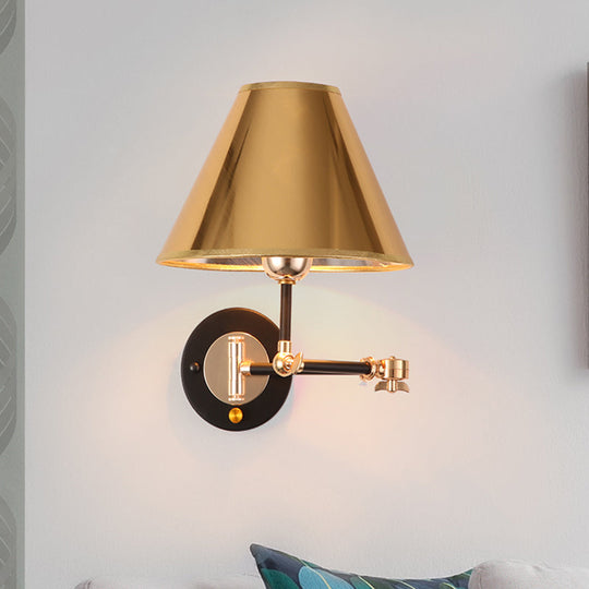 Industrial Metal Cone Wall Sconce With Swing Arm For Stylish Bedroom Lighting In Gold