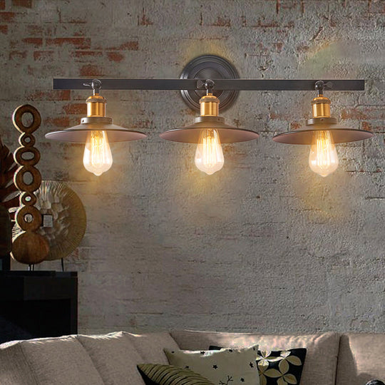 Warehouse Style Iron Wall Lamp With Flared Shade In Black - 3 Lights Perfect For Coffee Shops