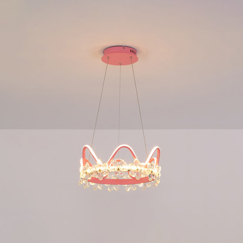 Nordic Style Crystal Pendant Light With 1 Suspended Crown For Living Room Pink / 17 Warm