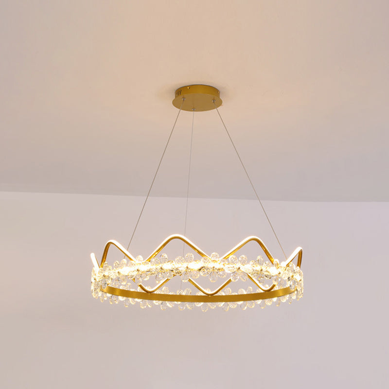 Nordic Style Crystal Pendant Light With 1 Suspended Crown For Living Room Gold / 32.5 Warm