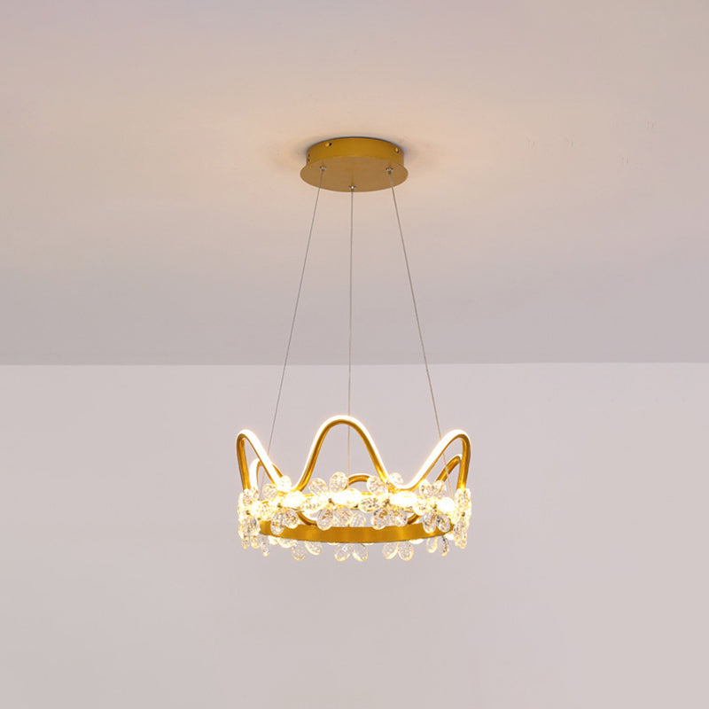 Nordic Style Crystal Pendant Light With 1 Suspended Crown For Living Room Gold / 17 Warm