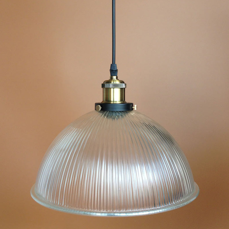 Industrial Ribbed Clear Glass Pendant Light - 1-Light Bowl Style For Restaurants