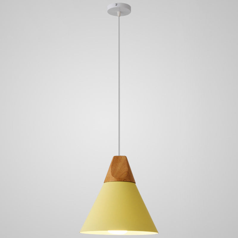 Nordic Style Metal Hanging Ceiling Pendant Lamp With Wooden Top - 1 Light Restaurant Lighting Yellow
