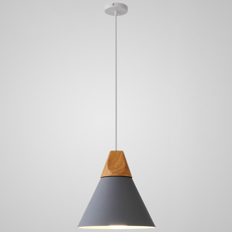 Nordic Style Metal Hanging Ceiling Pendant Lamp With Wooden Top - 1 Light Restaurant Lighting Grey /