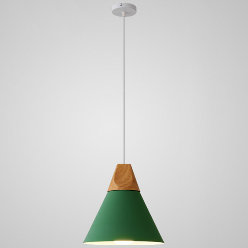 Nordic Style Metal Hanging Ceiling Pendant Lamp With Wooden Top - 1 Light Restaurant Lighting Green