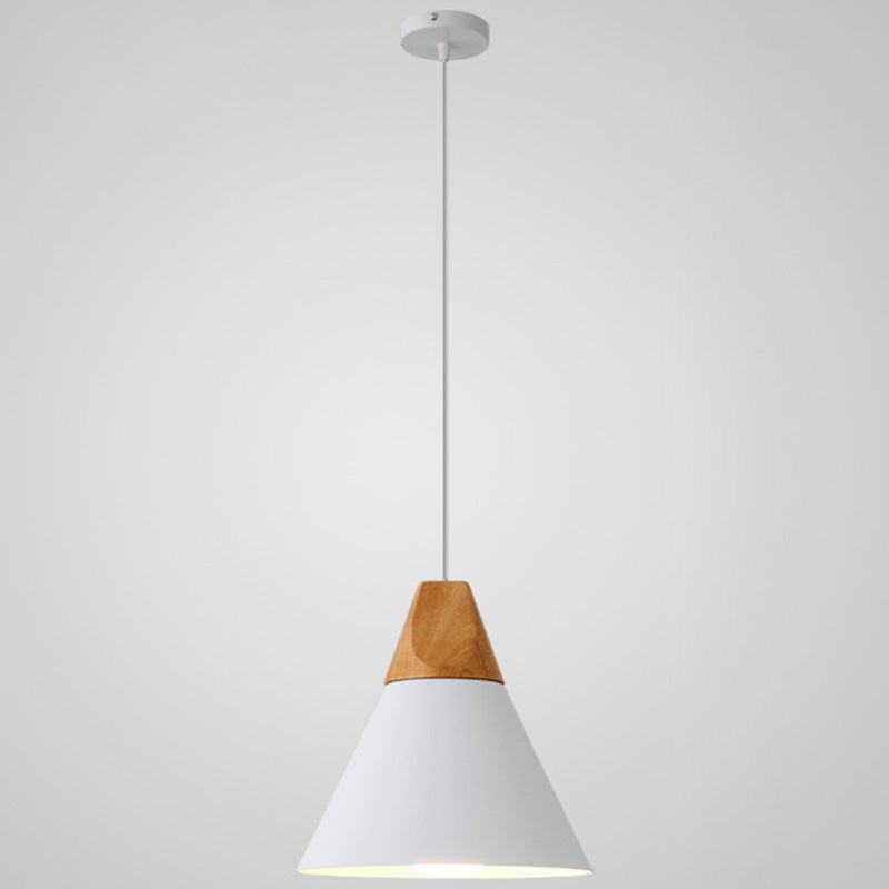 Nordic Style Metal Hanging Ceiling Pendant Lamp With Wooden Top - 1 Light Restaurant Lighting White