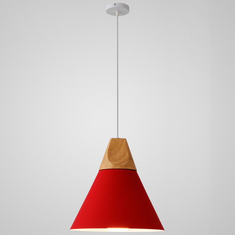 Nordic Style Metal Hanging Ceiling Pendant Lamp With Wooden Top - 1 Light Restaurant Lighting Red /