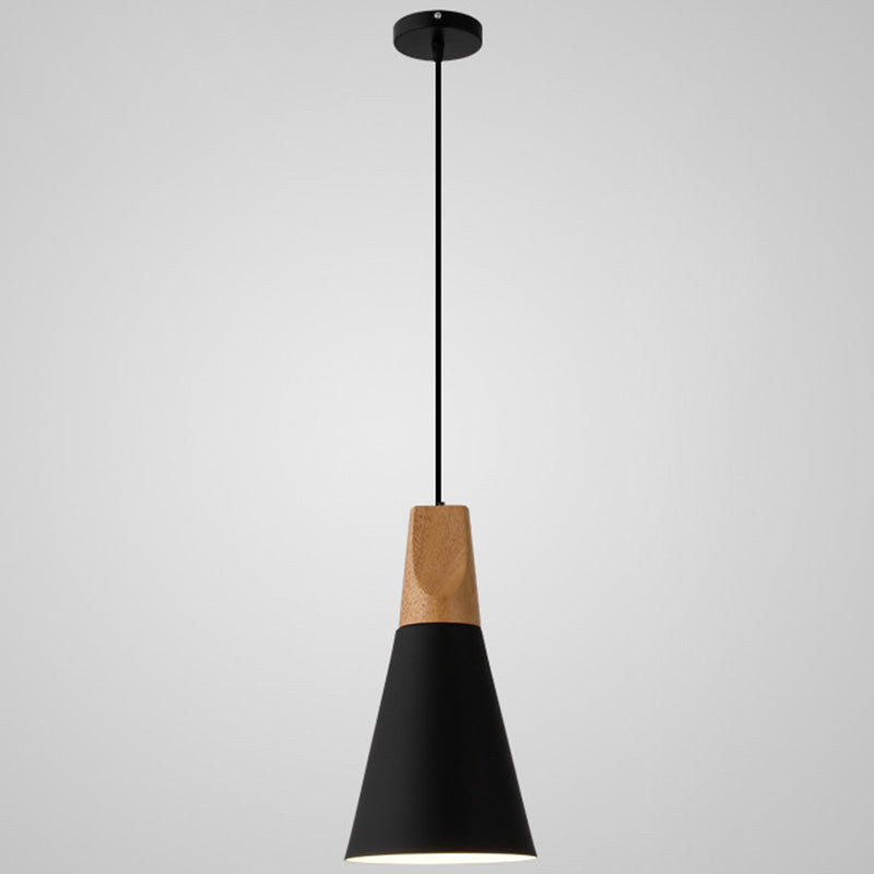 Nordic Style Metal Hanging Ceiling Pendant Lamp With Wooden Top - 1 Light Restaurant Lighting Black
