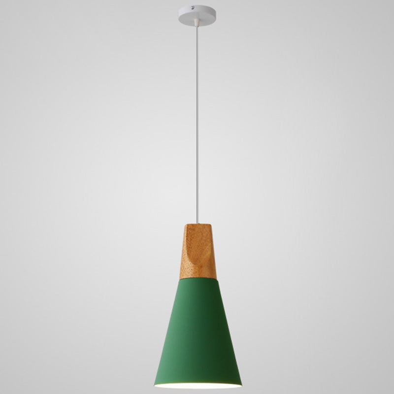 Nordic Style Metal Hanging Ceiling Pendant Lamp With Wooden Top - 1 Light Restaurant Lighting Green