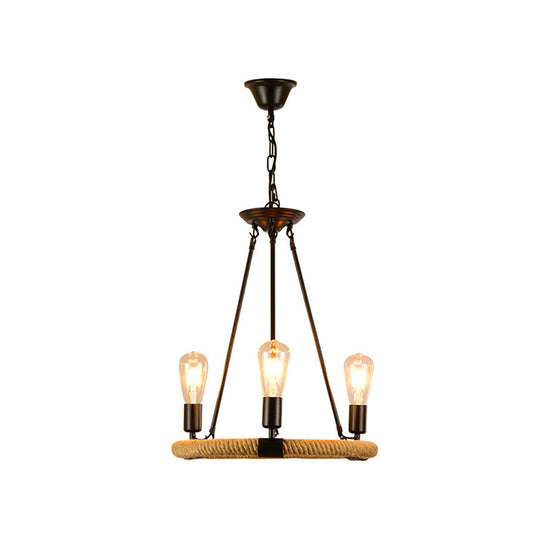 Vintage Style 3-Light Chandelier Pendant With Open Bulbs In Black Finish