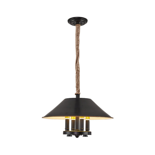 Vintage Black Cone Shade Chandelier with 4 Lights - Metal Pendant Lamp for Dining Room