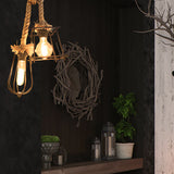 Lodge Style Black Caged Ceiling Fixture: 2-Light Metal And Rope Hanging Lighting With Unique Shade